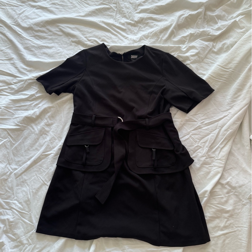 DKNY Black Short-Sleeve Utility dress with Front Pockets